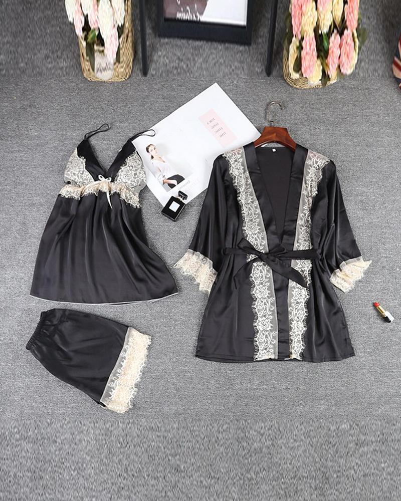 

Satin Lace Trim Pajama Set, Black