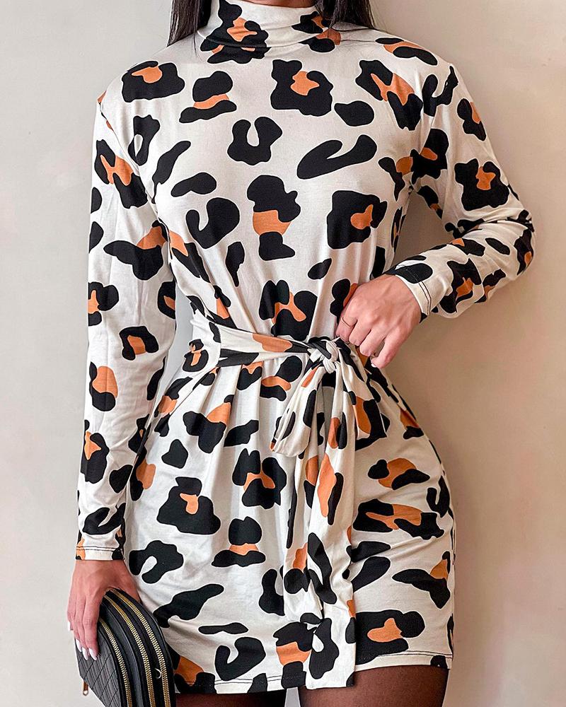 

Leopard Print Mock Neck Knotted Casual Dress, Brown