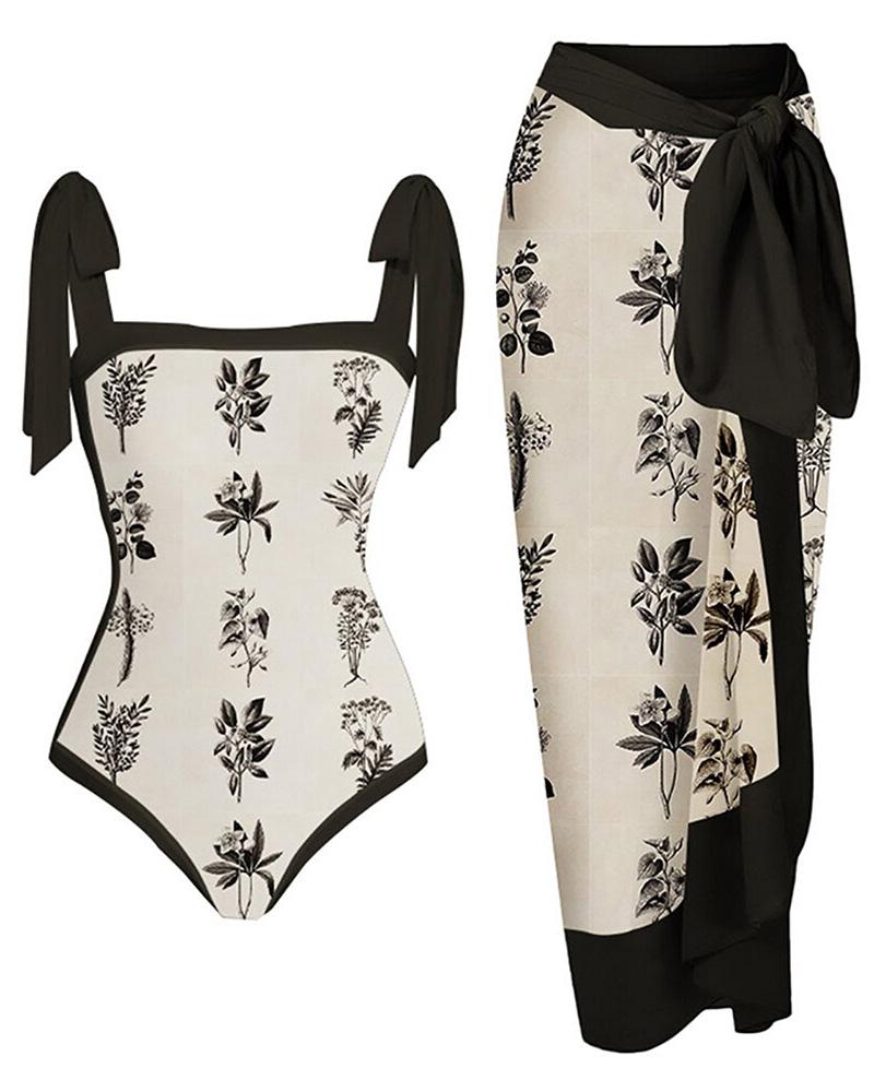 

Plants Print Tied Detail One Piece Swimsuit With Cover Up Skirt, Black