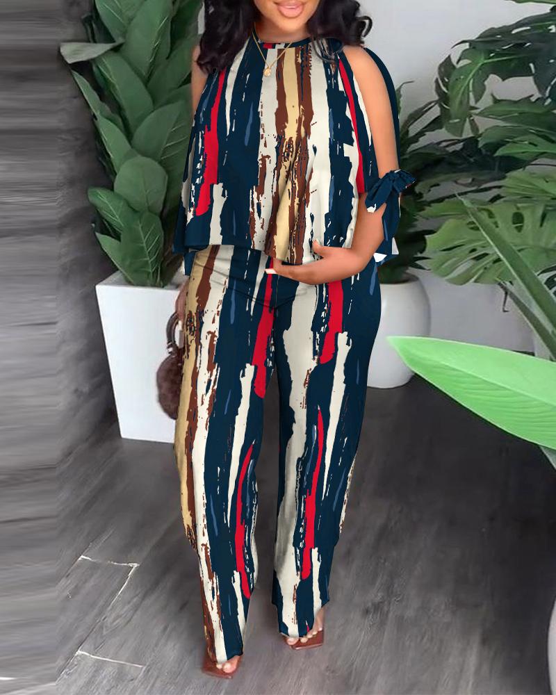 

Plus Size Abstract Print Striped Tank & Straight Leg Pants Set, Multicolor