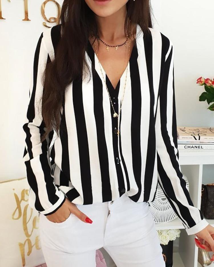 

Stripes Button Up Long Sleeve Women Blouse, Black