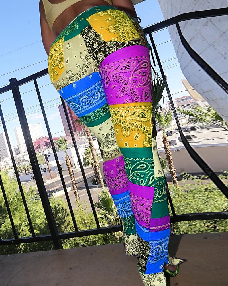 

Paisley Print Slit Eyelet Lace-up Skinny Pants, Yellow