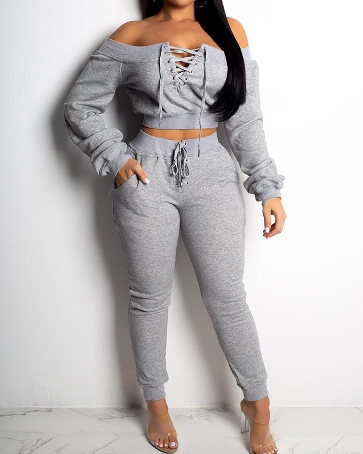 

Lace-Up Design Off Shoulder Sweatshirt & Pant Sets, Gray