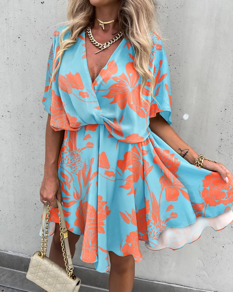 

Plants Print Batwing Sleeve Overlap Flowy Swing Dress, Sky blue