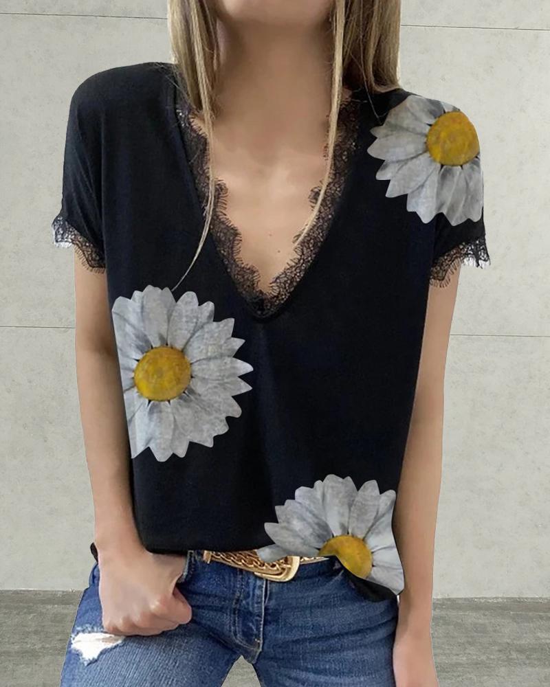 

Chrysanthemum Print Splicing Lace Short Sleeve, Black