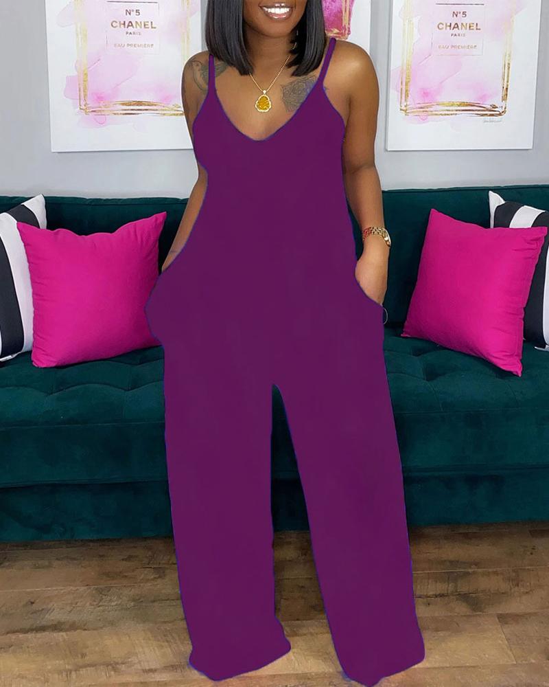 

V-Neck Pocket Detail Spaghetti Strap Jumpsuit, Purple