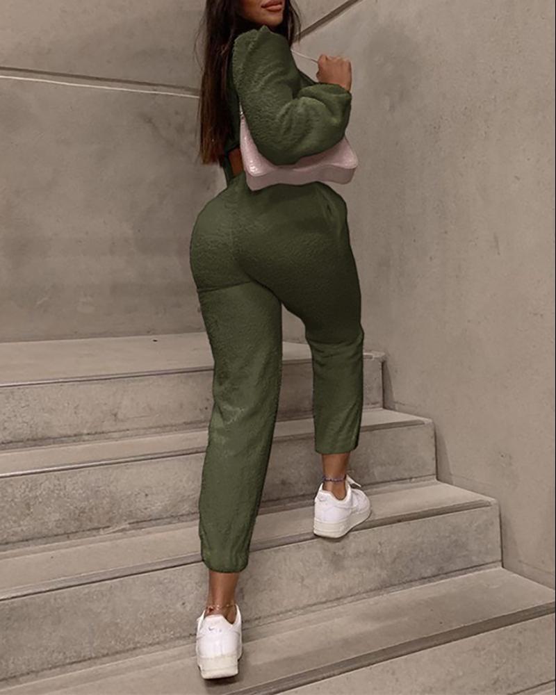 

Long Sleeve Fluffy Top & Drawstring Pants Set, Green