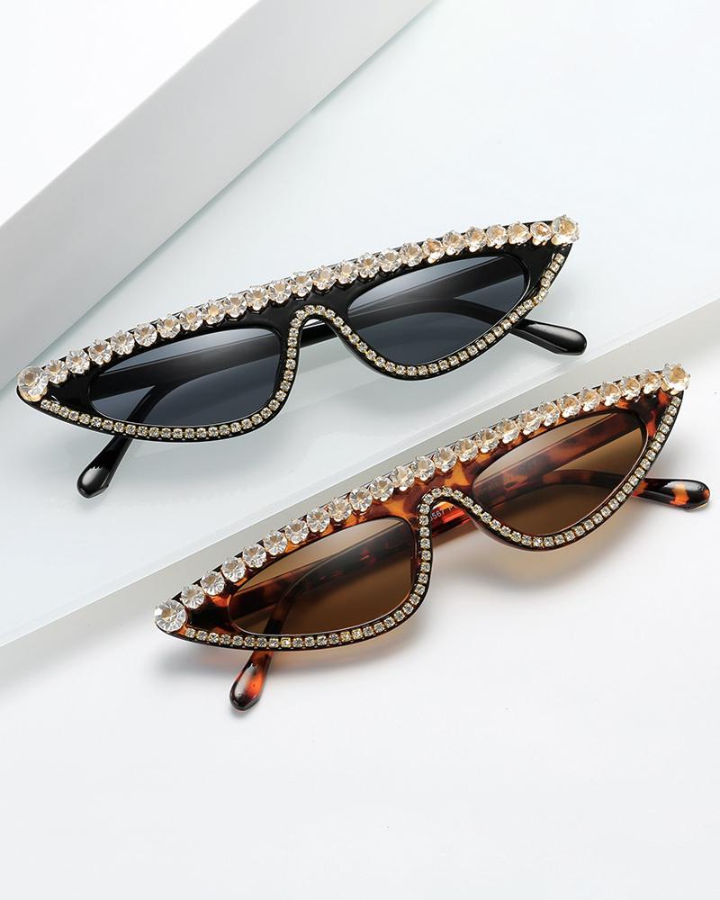 

1Pair Cat Eye Frame Rhinestone Decor Flat Top Sunglasses, Black