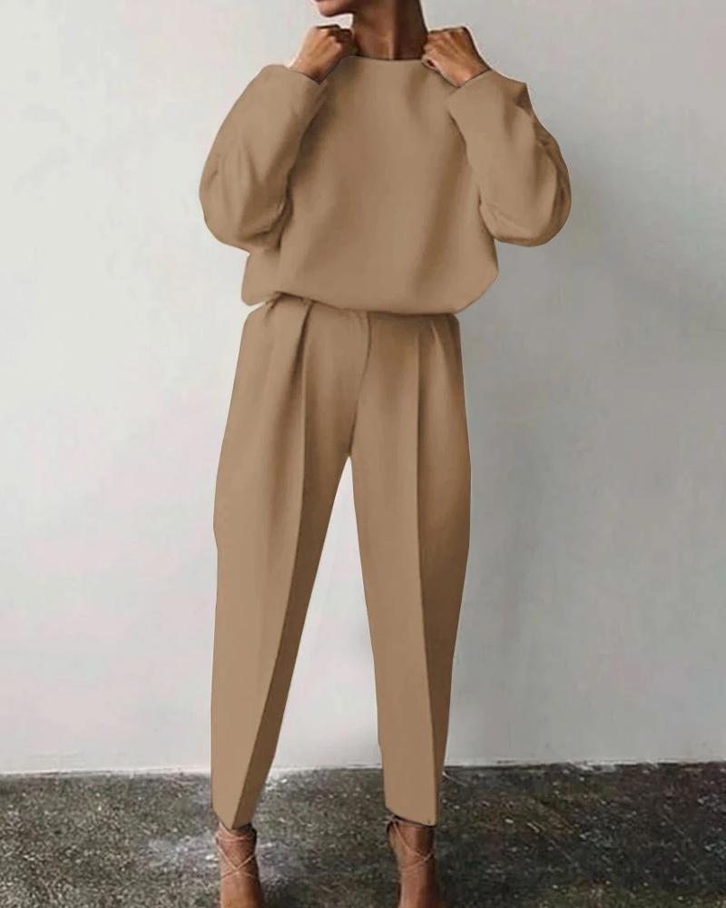 

Solid Long Sleeve Loose Sweatshirts Suit Sets, Coffee