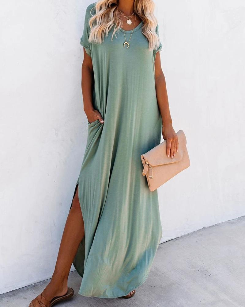

Pocket Design V-Neck Slit Maxi Dress, Green