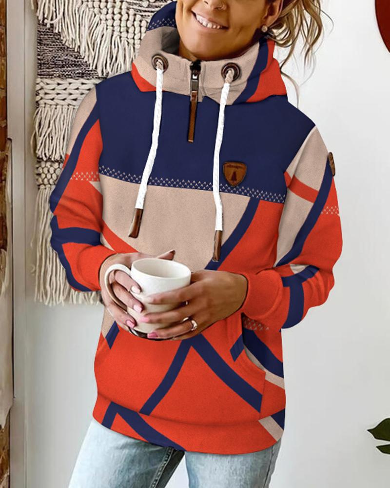 

Geometric Print Long Sleeve Drawstring Hoodie, Orange