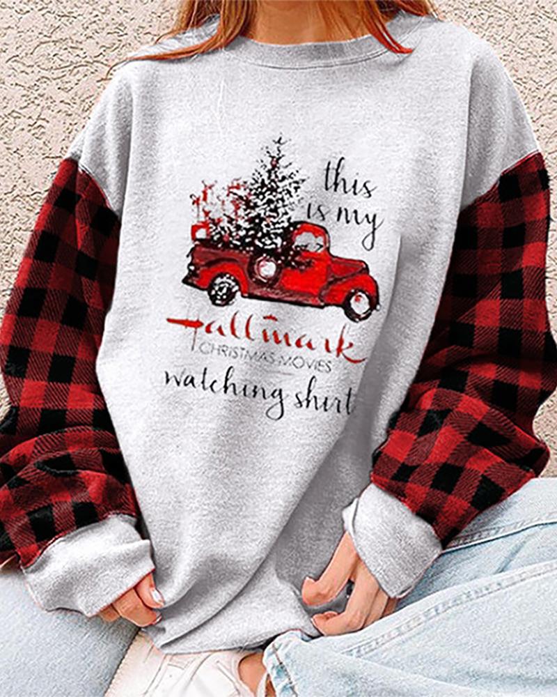 

Christmas Plaid Print Colorblock Casual Sweatshirt, Gray