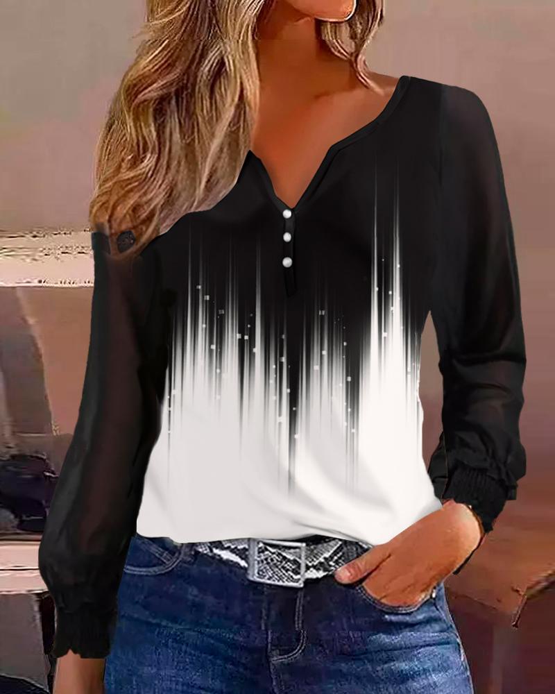 

Abstract Print Colorblock Buttoned Casual Top, Black