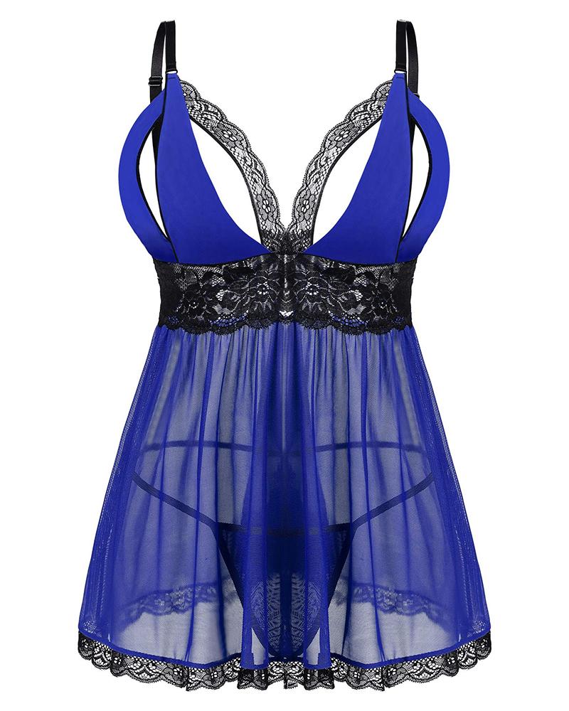 

Plus Size Sheer Mesh Lace Patch Babydoll With Panty, Blue