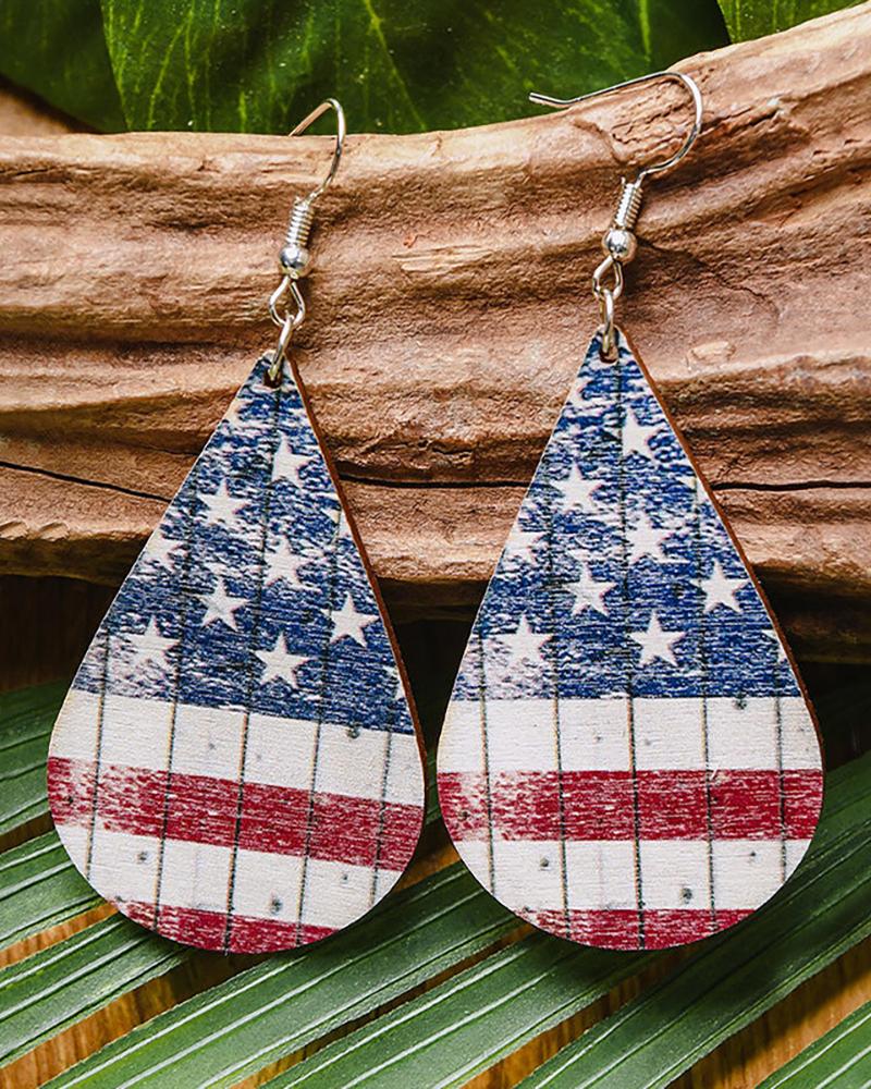 

Independence Day Wooden Flag Print Tear Drop Earrings, Blue