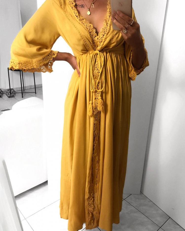 

Lace Insert Tie Waist V-neck Dress, Yellow