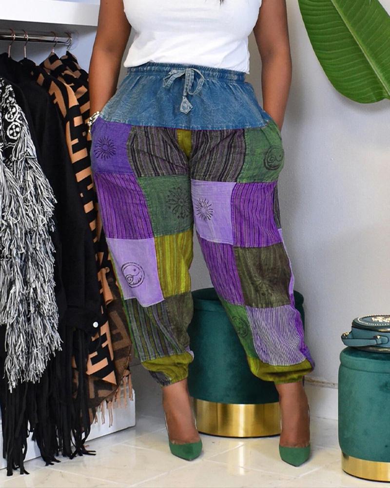 

Graphic Print Colorblock Drawstring Pockets Pants, Purple