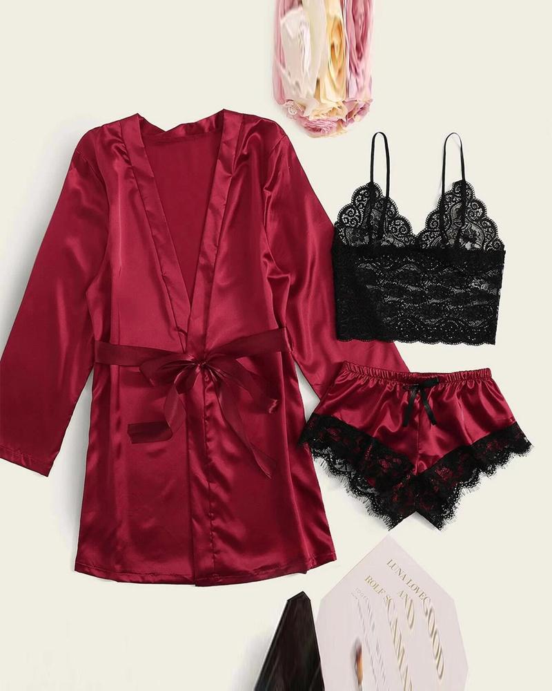 

3PCS Bowknot Decor Lace Cami Set With Belted Satin Robe, Wine red