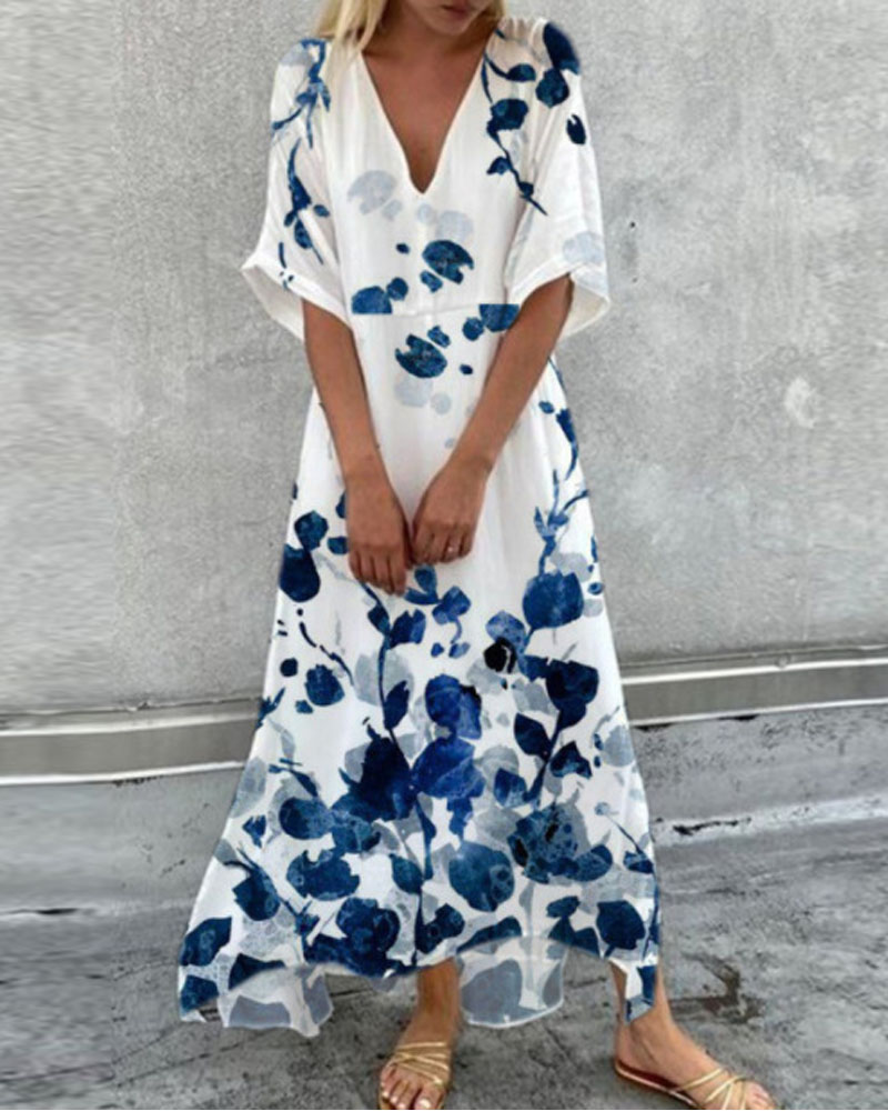 

Plants Print V-Neck Split Hem Maxi Dress, White