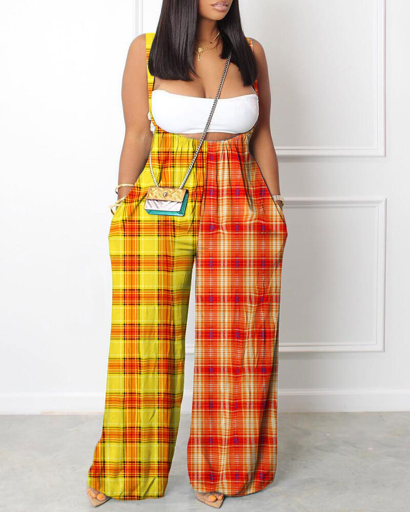 

Colorblock Plaid Print Wide Leg Suspender Jumpsuit, Multicolor