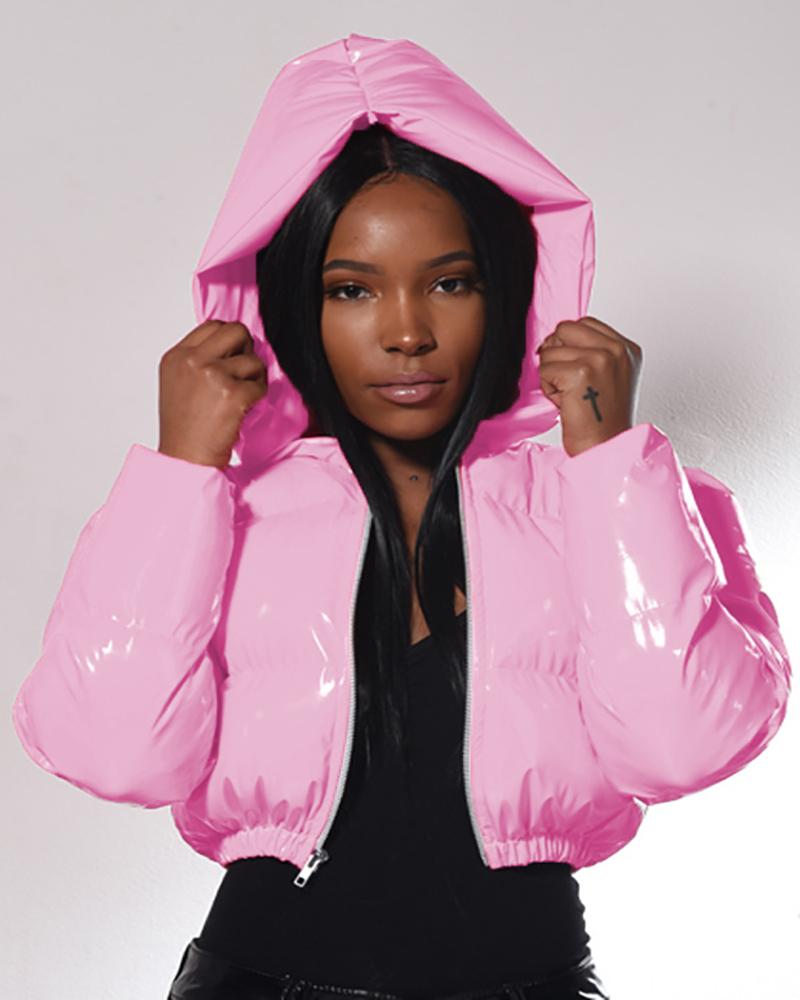 

Zipper Design Long Sleeve Hooded Puffer Coat, Pink