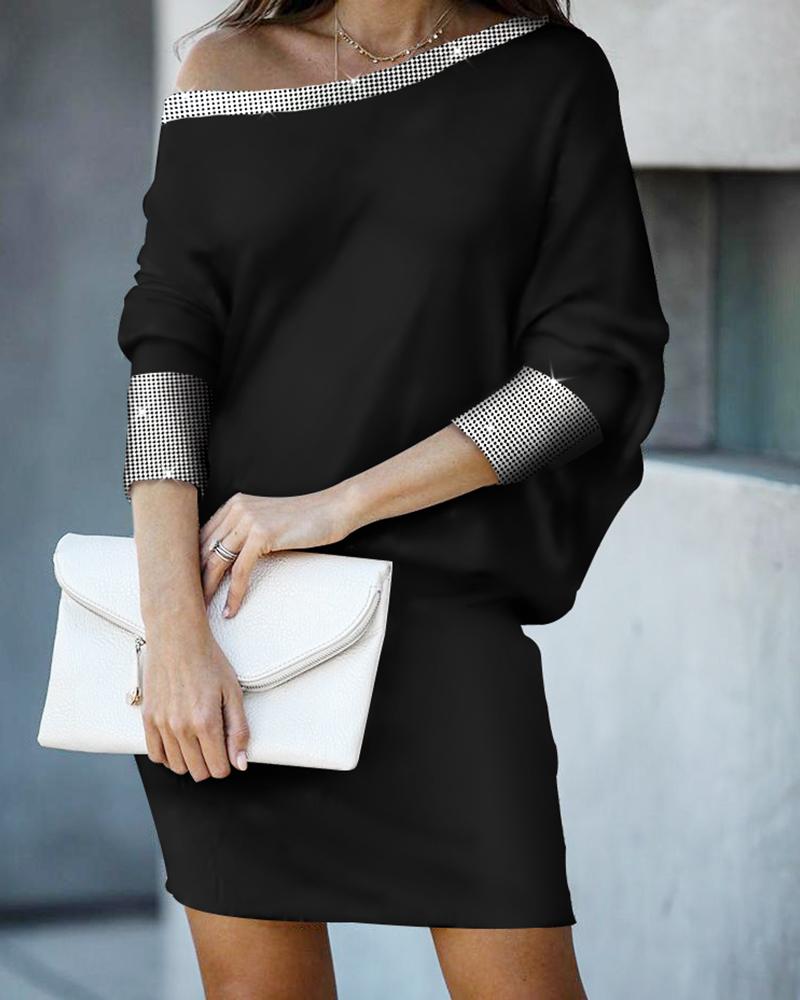 

Asymmetric Neck Glitter Studded Dress, Black
