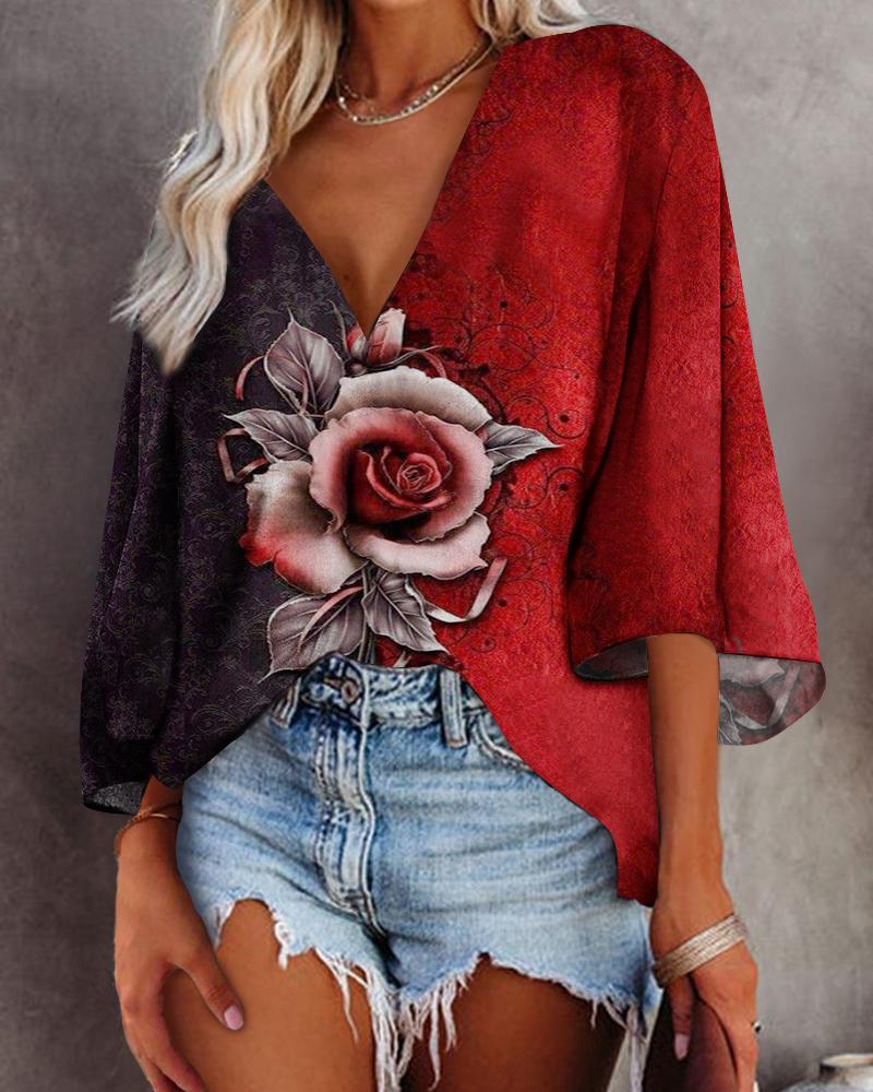 

3D Rose Print Batwing Sleeve Button Front Top, Red