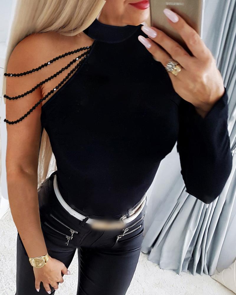 

One Shoulder Tassel Decor Top, Black