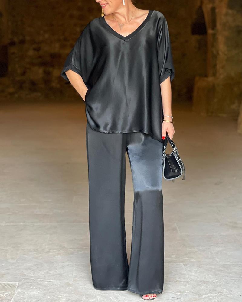

Half Sleeve Satin Top & Wide Leg Pants Set, Black