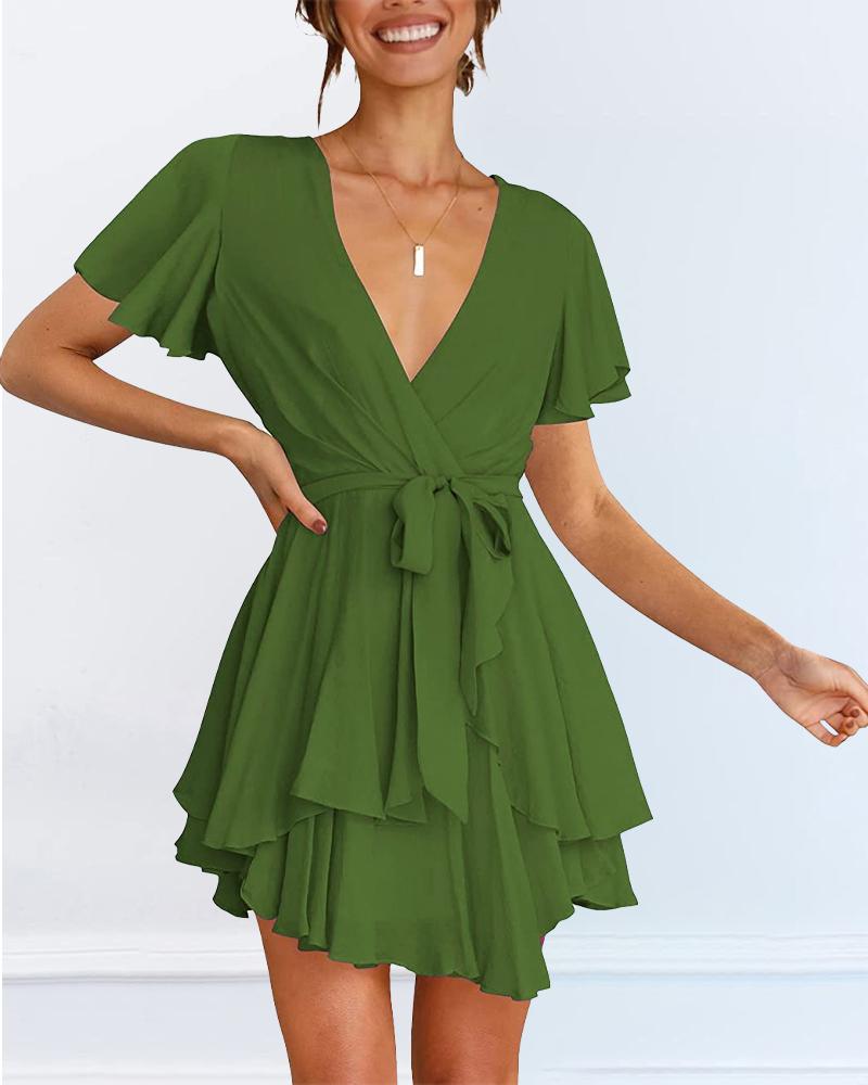 Flutter Sleeve Ruffle Hem Belted Casual Dress