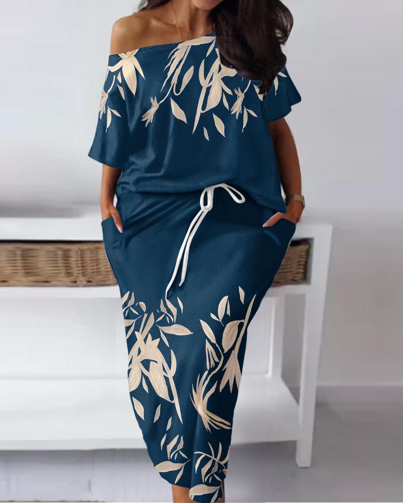 

Plus Size Plants Print Skew Neck Top & Striped Skirt Set, Dark blue