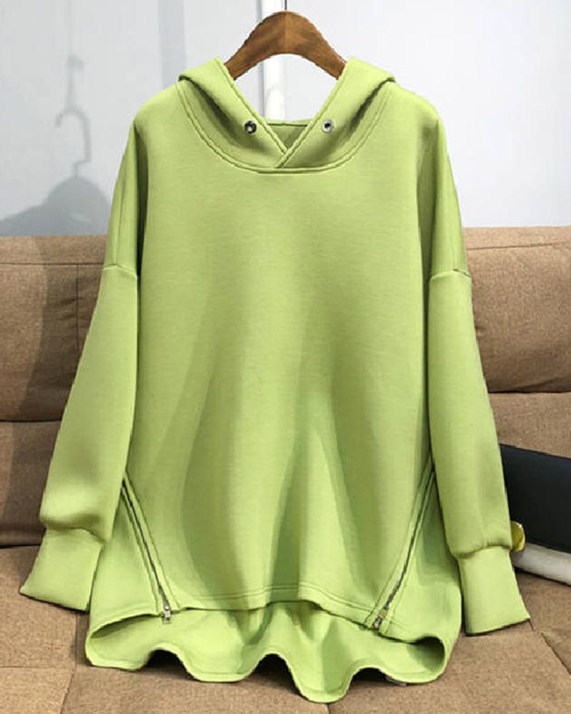 

Zipper Design Long Sleeve Hooded Sweatshirt, Green