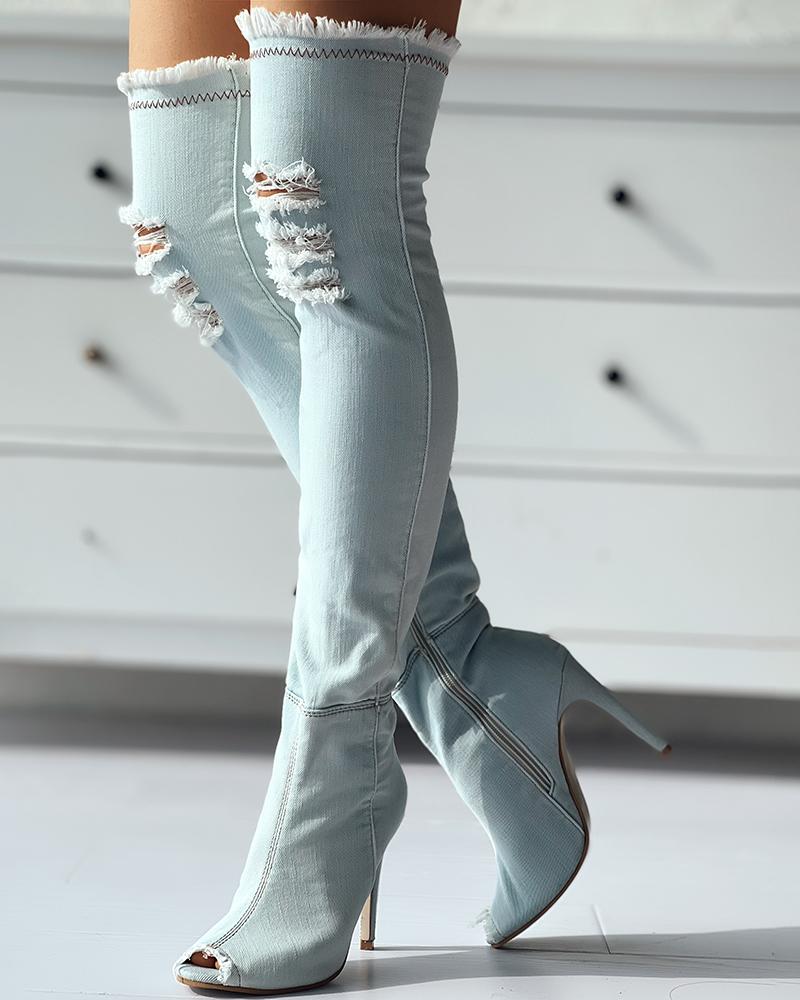 

Denim Ripped Fringe Hem Over The Knee Boots, Sky blue