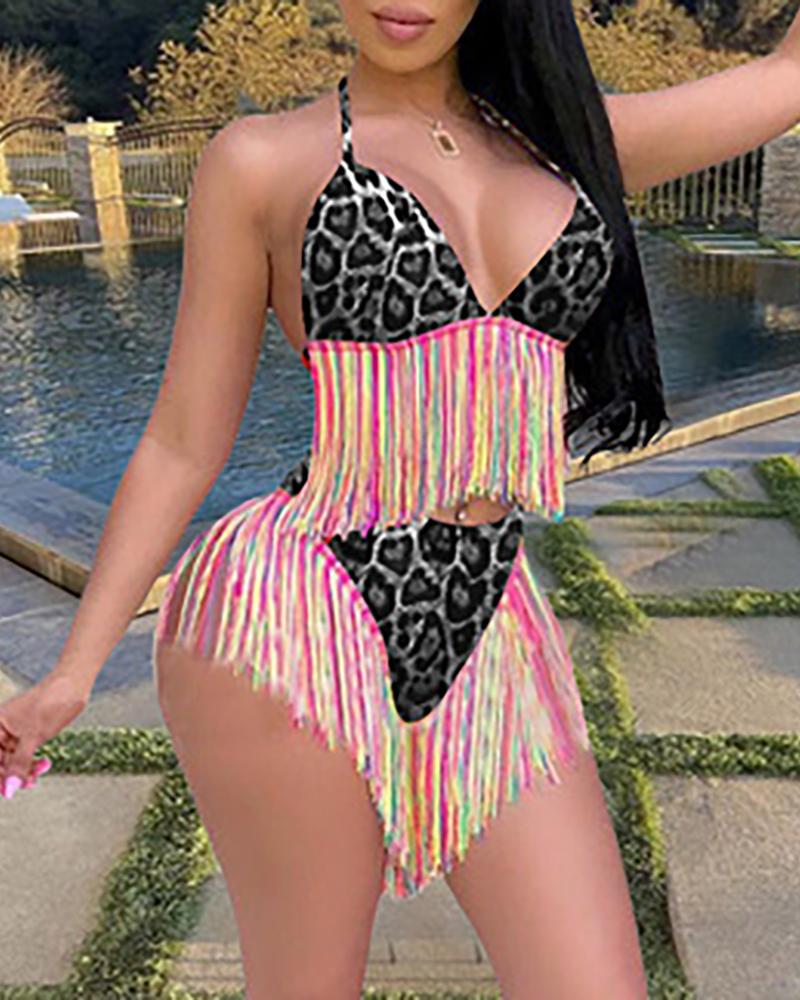 

Cheetah Print Colorful Tassel Design Bikini Set, Gray