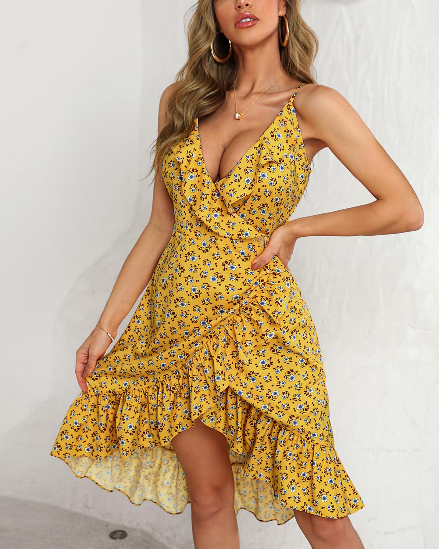 

Spaghetti Strap Floral Print Ruffles Irregular Dress, Yellow