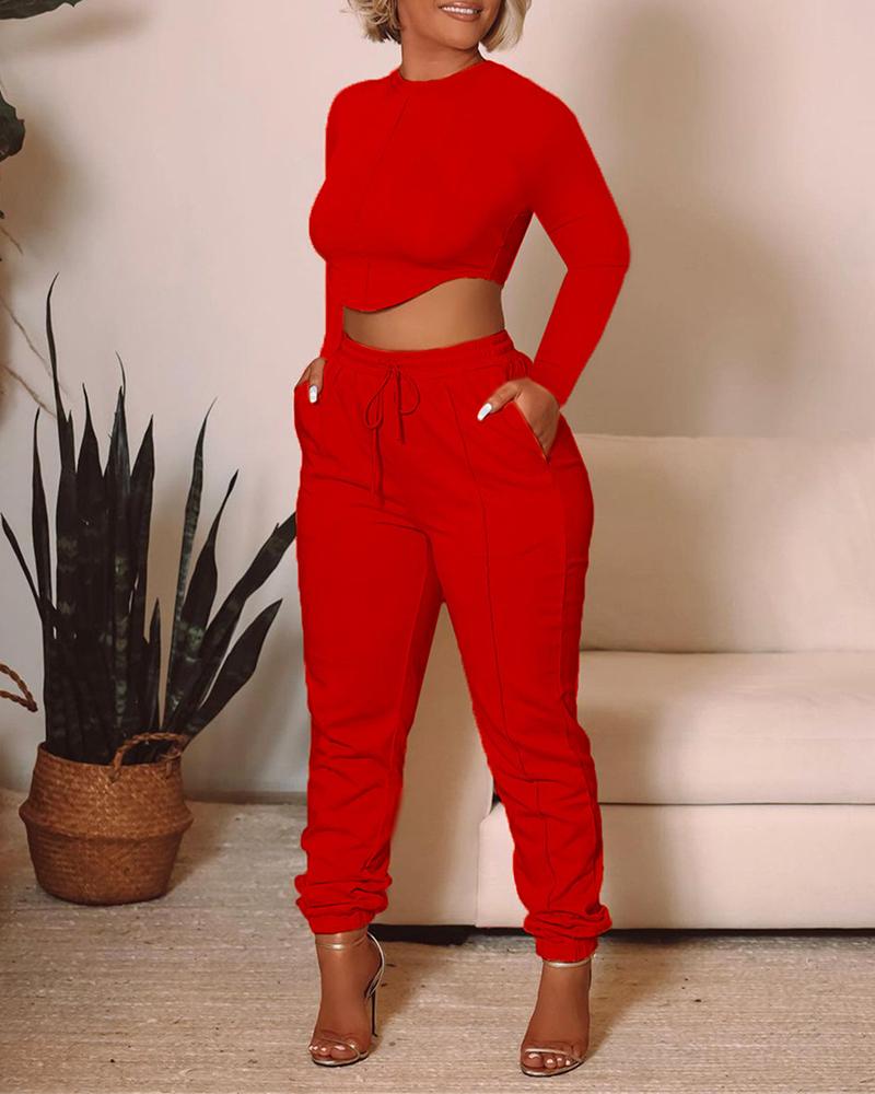 

O Neck Long Sleeve Top & Pocket Design Drawstring Pants Set, Red