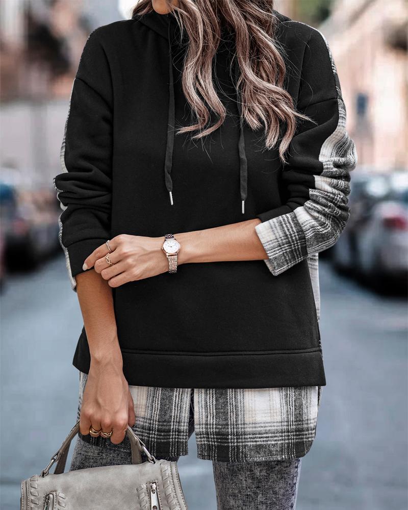 

Contrast Plaid Long Sleeve Casual Hoodie, Black
