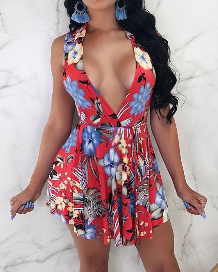 

Floral Plunge Irregular Pleated Mini Dress, Red