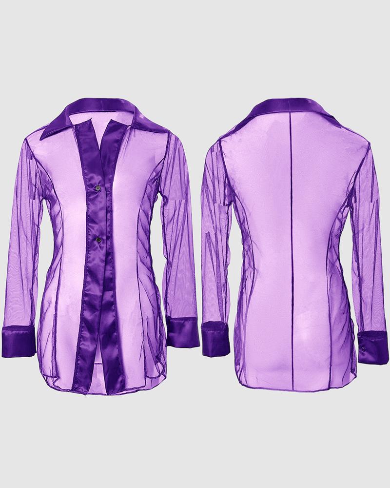 

Sheer Mesh Button Front Long Sleeve Sleep Shirt, Purple