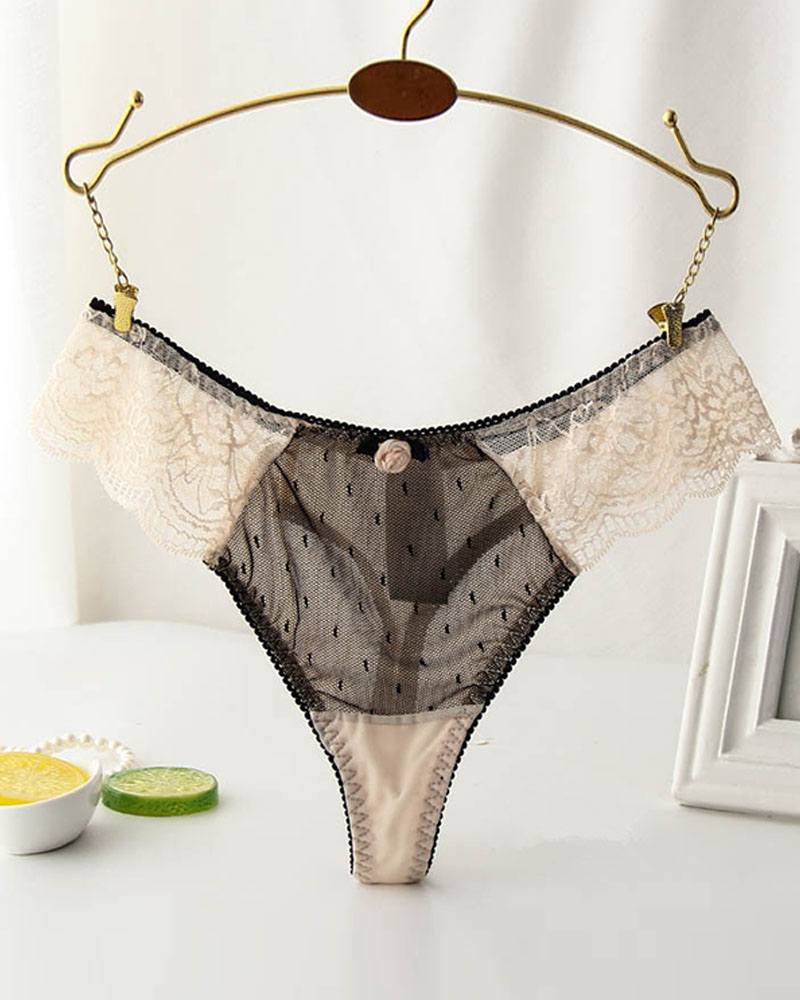 

Plain / Cheetah Sheer Mesh Lace Trim Thong Panty, Nude