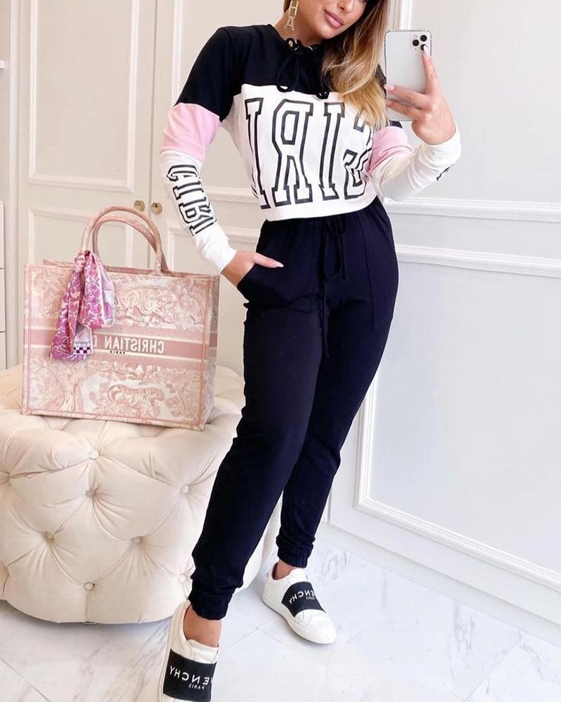 

Letter Print Colorblock Drawstring Hooded Long Sleeve Tee & Pocket Pants Set, Multicolor