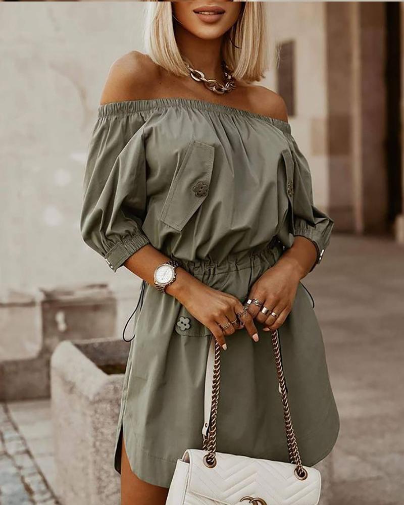 

Drawstring Ruched Off Shoulder Dress Casual Half Sleeve Plain Mini Dress, Army green