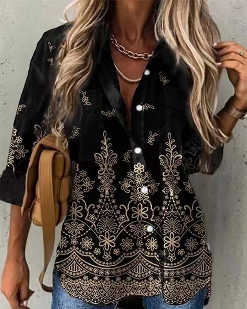 

Tribal Print Long Sleeve Button Down Shirt, Black