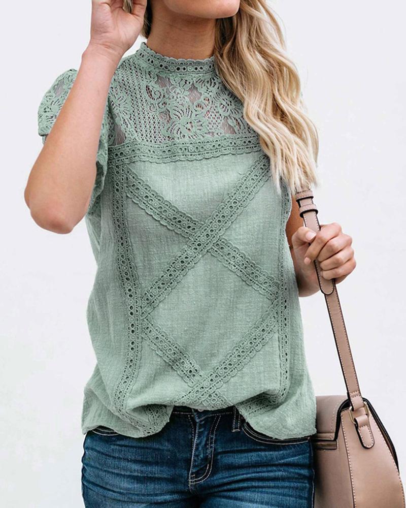 

Lace Hollow Out Short Sleeve T-shirt, Green