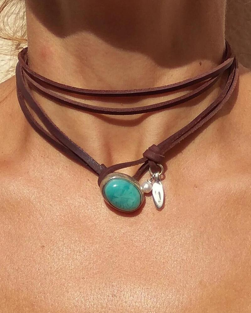 

1pc Western Wind Ethnic Casual Turquoise Leather Multi-layer Choker, Silver