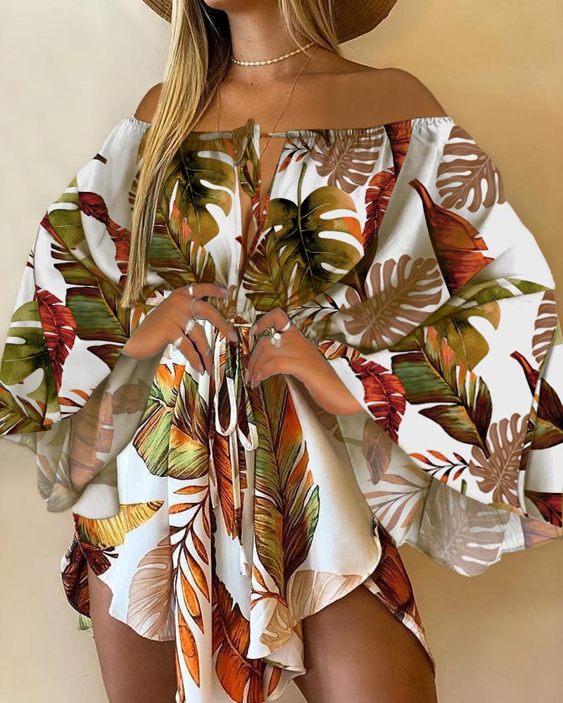 

Tropical Print Tie Front Flared Sleeves Dress, Multicolor