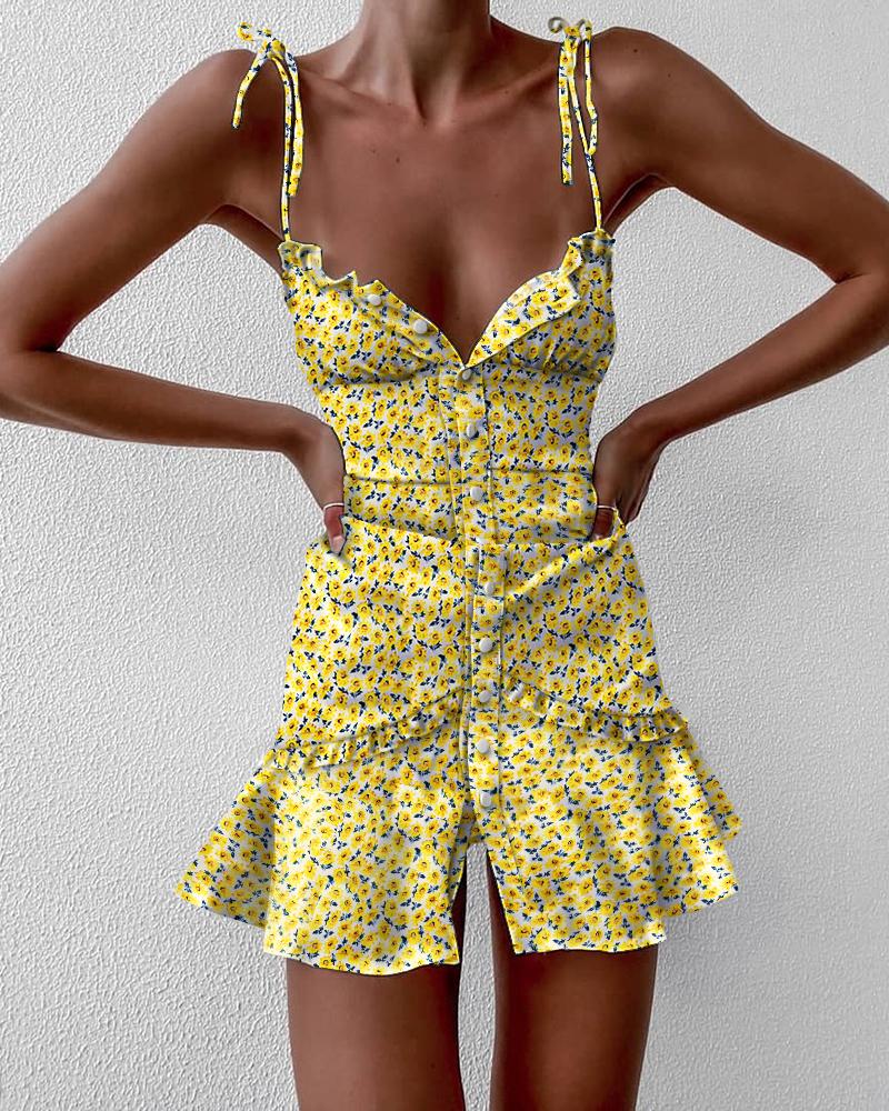 

Ditsy Floral Print Tie Strap Mini Dress, Yellow