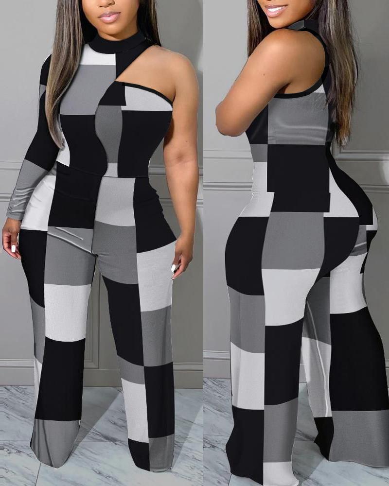 

Plus Size Geometric Print Colorblock One Shoulder Wide Leg Jumpsuit, Black