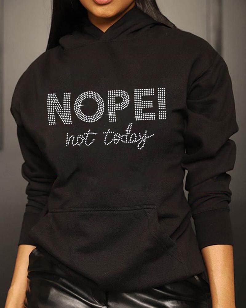 

Rhinestone Nope Not Today Pattern Pocket Design Hoodie, Black