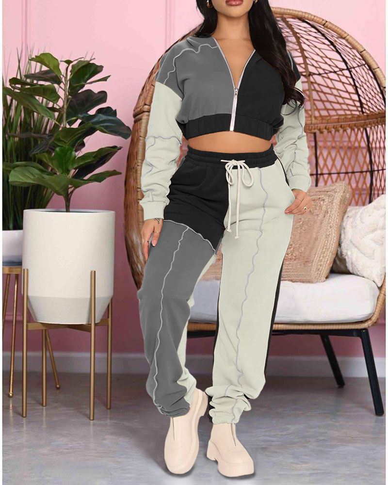 

Colorblock Zip Front Hooded Crop Top & Pants Set, Black